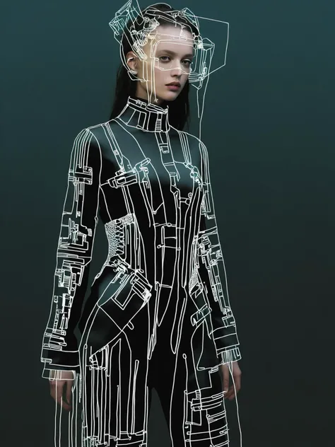 avant-garde cyberwear:0.4, glitched symphony:0.3, digital futurism:0.3, tech-woven ensemble:0.4, <lora:Lines_Clothes_XL:1>