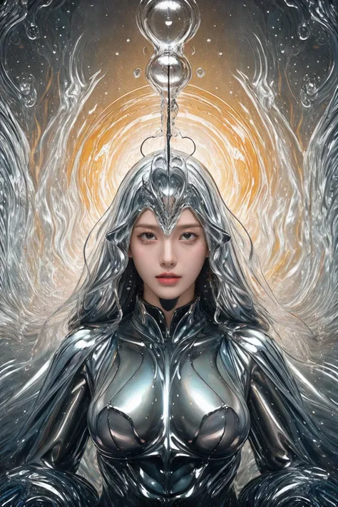 1girl,adult (elven:0.7) woman,(upper_body:1.4),lotus platform,mercury-sorcerer,surrounded by splashes of shining silver,silver (armor:0.8),alchemical imagery,heavy metallic liquid,silver-colored fluid,mercury transformation,shiny,fluid movement,floating pa...