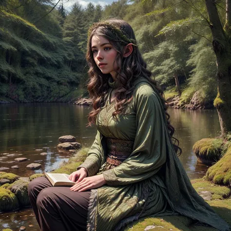 Leanan sÃ­dhe covered in moss, sitting at lake, Aos Si, Tuatha De Danann, elvish, looking alluring, enchanting, aura, charisma, otherworld, artistic, creative, inspiration, insight, irish folklore, celtic culture, mythology, celtic, northern european, iris...