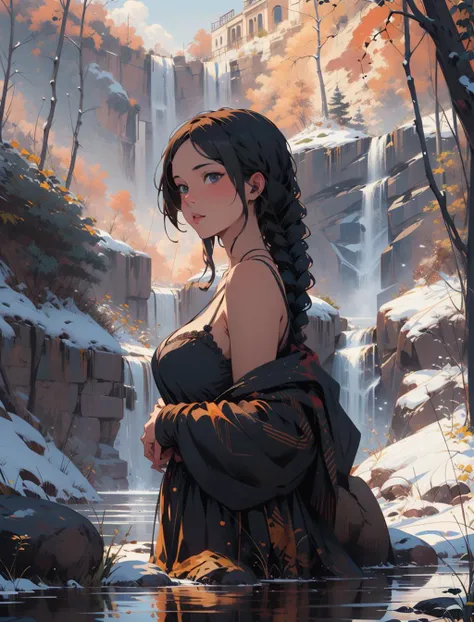 Wide shot of a Sexy busty woman with Brunette light hair,braid,hair tie,beautiful detailed face,posing for a photo,next to a waterfall,wearing a beautiful bandeau  with a cleavage cutout,painterly,portrait,oil on canvas,artstation trending,concept art,high...