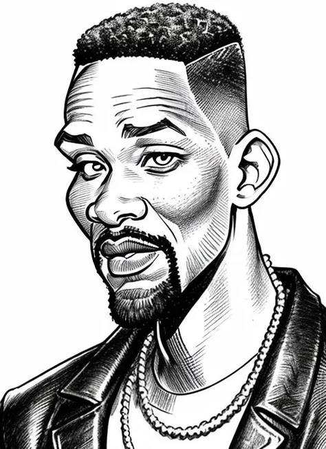 Will Smith, shaved head,  B&W lineart drawing, caricatrix  <lora:Caricatrix:0.7>