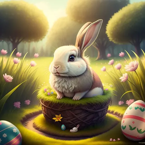 there is a rabbit that is sitting in a hole in the grass, easter, rabbt_character, bunny, cute anthropomorphic bunny, astri lohne, cute detailed digital art, rabbit_bunny, by Aleksander Gierymski, by Patrick Brown, by (Randy Gallegos:1.46), rob mcnaughton,...