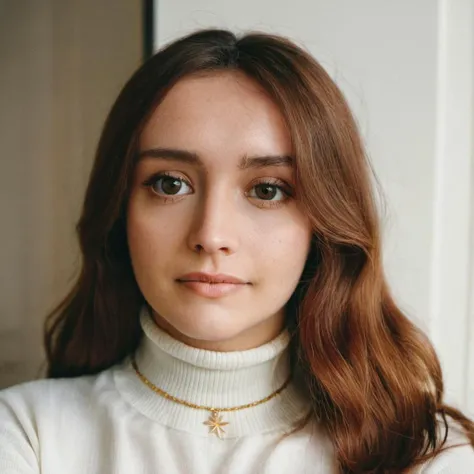 Film grain, skin texture, Instagram selfie of a woman with long brown hair wearing a delicate gold necklace,wearing a turtleneck sweater,f/1.8,   <lora:olcooke_xl_1_standard_wo_cap-000060:1>