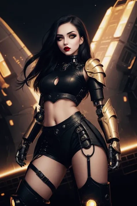 mentixis girl wearing cybernetic armor, beautiful face, beautiful detailed golden eyes, piercing eyes, looking at viewer, long hair, bare midriff, beautiful detailed legs, battle stance, spaceship bridge, dark background, blurred background,  trending on a...