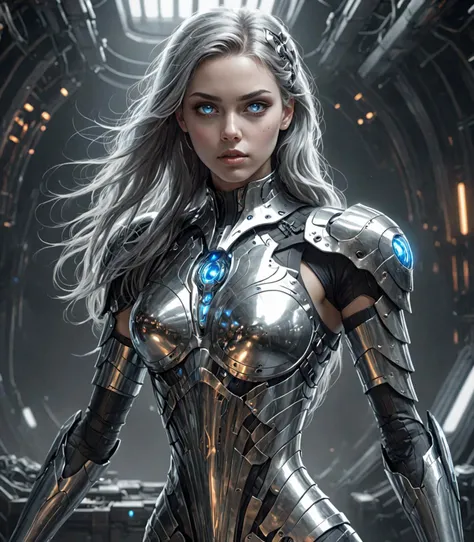 mentixis girl wearing cybernetic armor, beautiful face, (beautiful detailed eyes, grey eyes, piercing eyes, looking at viewer), long hair, bare midriff, beautiful detailed legs, beautiful detailed skin, battle stance, spaceship bridge, dark background, blu...