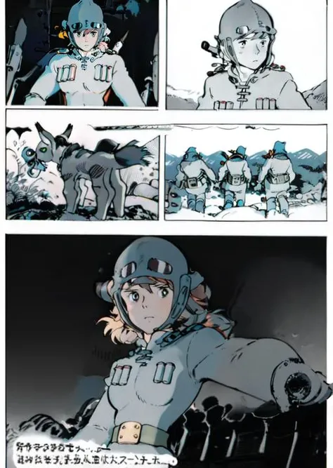 masterpiece, 1girl,nausicaa, (Text Bubble), monochrome,  4 panels, lineart, comic about a wasteland, Border ,<lora:manhuav1.2:0.7>, <lora:Nausicaa:1>,  <lora:NauSKaaValOfWi_171500:0.2>