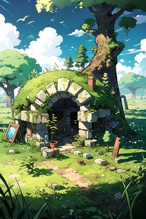 a cartoon style image of a small stone house in the middle of a field