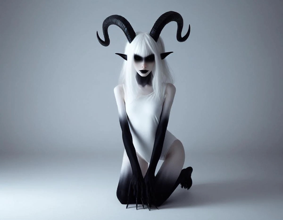 very pale white  skin demon girl with black horns, (pitch black eyes:1.2),  white background  , ( black gradient arms and legs:1.2) , white hair , well lit  , very skinny,     <lora:Wb1:1>  
(raw photo:1.4), (photorealistic:1.3),  best quality, highest qua...