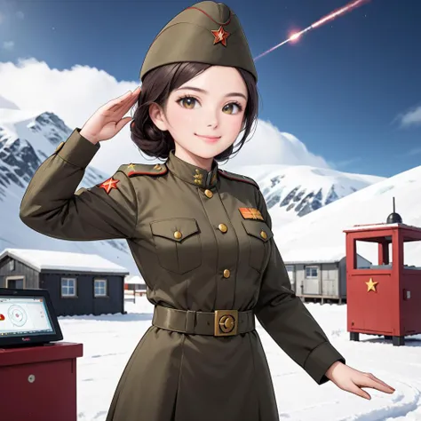 anime girl in uniform saluting with a red box in the background