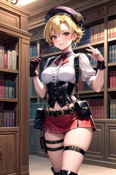 (masterpiece, best quality, detailed), 1girl, solo, looking at viewer, briar, blonde hair, red eyes, short hair, earrings,
bag, belt pouch, cabbie hat, corset, gloves, pouch, shoulder bag, thigh holster, thigh strap, boots, suspenders, wristband, steampunk...