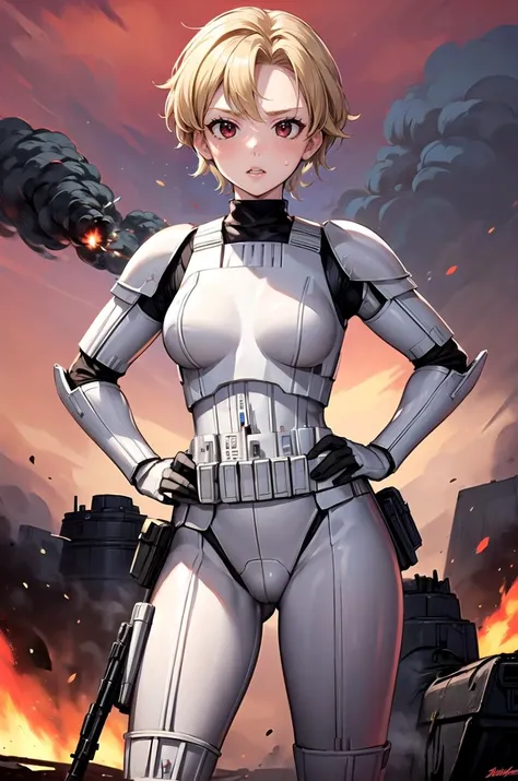 (masterpiece, best quality, detailed), 1girl, solo, looking at viewer, briar, blonde hair, red eyes, short hair,
<lora:StormTrooper:1>, stormtrooper, armor, world war ii, war, military vehicle, battlefield, battle, dust, smoke, burning, fire, red sky, expl...