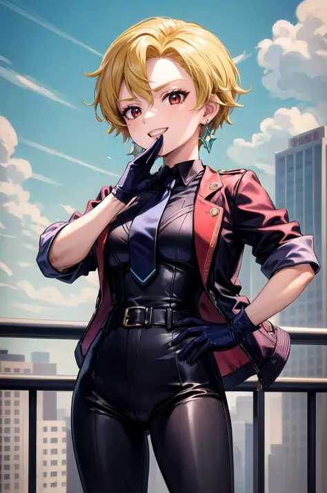 (masterpiece, best quality, detailed), 1girl, solo, looking at viewer, briar, blonde hair, red eyes, short hair, earrings,
short sleeves, black pants, (black necktie, red shirt, red gloves, jacket on shoulders, black jacket), outdoors, rooftop, day, citysc...