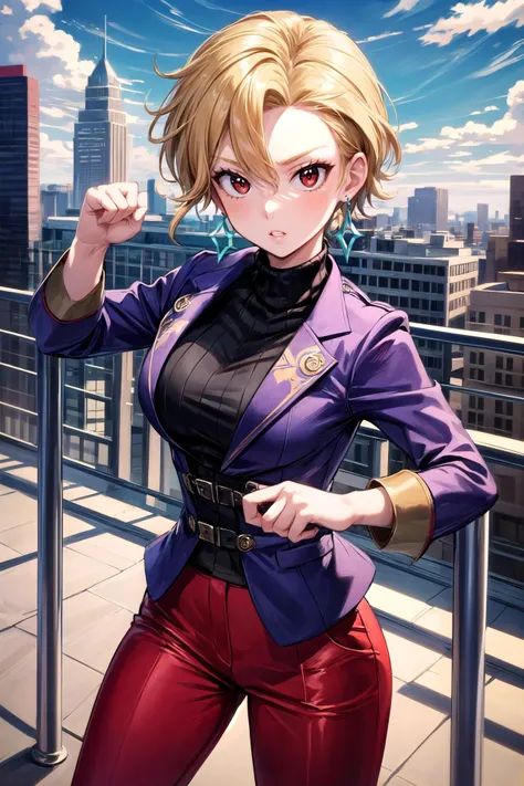 (masterpiece, best quality, detailed), 1girl, solo, looking at viewer, briar, blonde hair, red eyes, short hair, earrings,
purple jacket, black sweater, turtleneck, red pants, clenched hands, fighting stance, dynamic pose, parted lips, outdoors, rooftop, d...