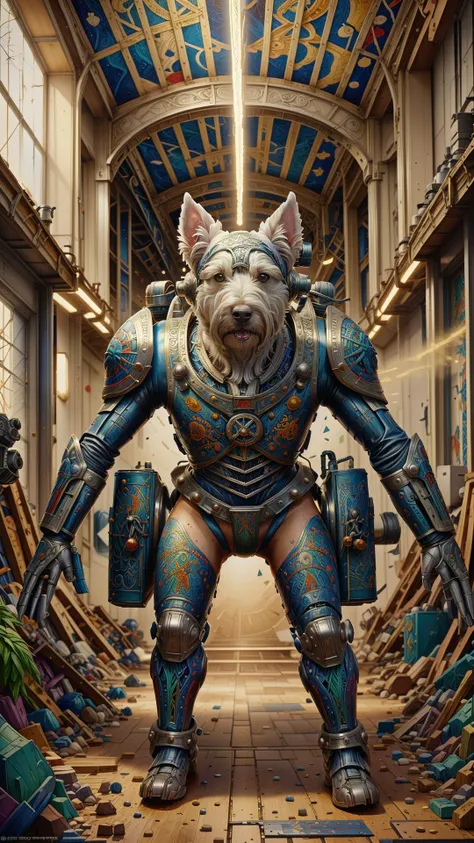 RAW photo, photorealistic, <lora:GaelicPatternStyle:1> GaelicPatternStyle a west highland white terrier barking, anime art style, wearing futuristic, led - lit armor, and a cannon mounted on his back, portrait, high detail, sharp focus, digital painting, a...