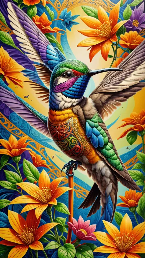 RAW photo, photorealistic, <lora:GaelicPatternStyle:1> GaelicPatternStyle a hummingbird sipping from a flower, close-up, bright and vibrant, (Masterpiece:1.3) (best quality:1.2) (high quality:1.1)