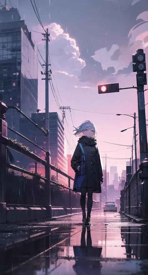 anime girl walking on a rainy street with a backpack