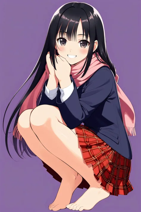 1girl, solo, barefoot, scarf, skirt, long hair, black hair, smile, plaid skirt, squatting, plaid, black eyes, feet, school uniform, pink scarf, jacket, simple background, blush, looking at viewer, full body, pleated skirt, grin,  <lora:TONY_XL:0.8>