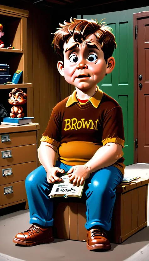 <lora:Everly Heights TaleSpinner:1> Encyclopedia Brown, now a chubby 35-year-old man, sits in his garage alone and waits for a customer that will never come. Cinematic still from an HBO-style Encyclopedia Brown adult animated series.