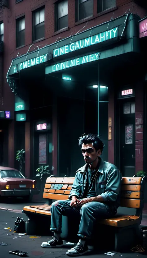 <lora:Everly Heights TaleSpinner:1> Street photography style of a 1990s urban city block, with vintage cars, fashion styles, and neon signage, with a lonely man sitting on a bench remembering somebody he lost. Inspired by 1990s indie film, cinematic compos...