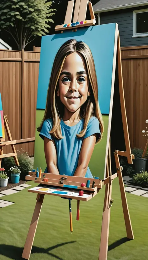 <lora:Everly Heights TaleSpinner:1> A vibrant backyard with an easel set up, featuring a childlike portrait of Jennifer Anniston.