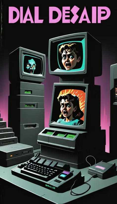 <lora:Everly Heights TaleSpinner:1> VHS Cover art depicting a family looking horrified at a gigantic, glowing 56k modem, with ghostly figures emerging from the CRT computer screen. (Include title text "DIAL-UP DESPAIR" in bold, neon 90s font at the top.:1....