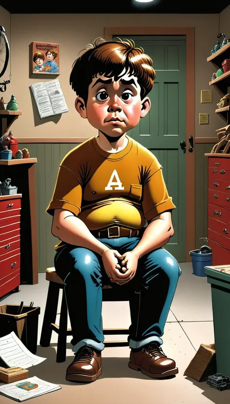 a cartoon boy sitting on a chair in a messy room