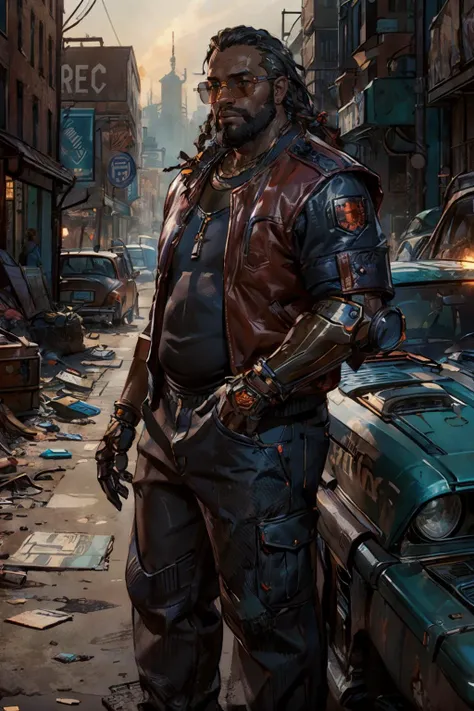 CyberDexter, fat man, very dark skin, single mechanical arm, fat, braided hair, facial hair, wearing a jacket, sunglasses,  pants, looking at viewer, serious, smirk, standing, outside, junkyard, rusty cars, overcast, high quality, masterpiece,  <lora:Cyber...