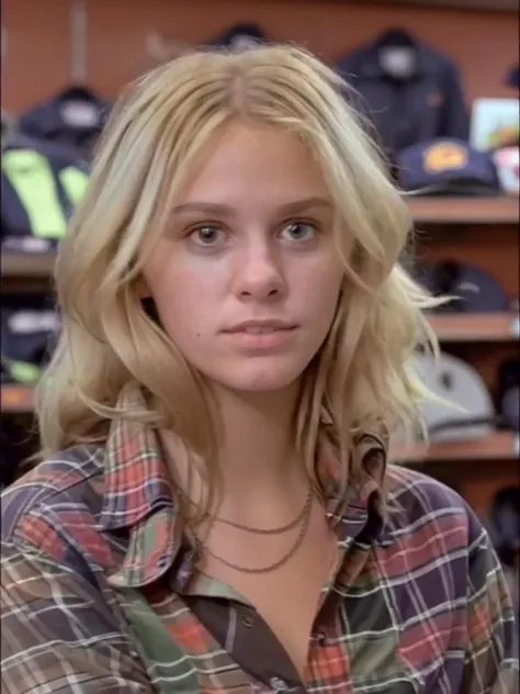 21 yo bambi looking a the camera. innocent look, wearing a plaid shirt. in the sporting goods store,.<lora:BAMBI:0.8>