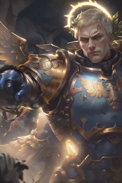 ((best quality)), ((masterpiece)), ((realistic)), (detailed), medieval portrait, oil painting, close up, 1man, 48 years old, tall stature, grim face, mature, battle aged, looking at the viewer, blond hair, blue eyes, short hair, full armor, power armor, ((...