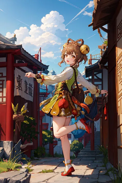 yaoyaodef, full body, child,  dancing, :D, outdoors, day, pose,  basket, blue sky, short hair, sky, Chinese temple, looking at viewer,  full body, <lora:yaoyaoGenshinImpact_v10:0.75>