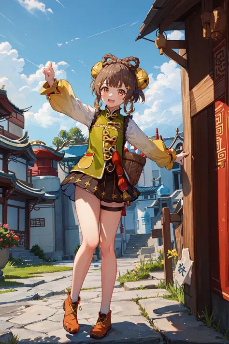 yaoyaodef, full body, child,  dancing, :D, outdoors, day, pose,  basket, blue sky, short hair, sky, Chinese temple, looking at viewer,  full body, <lora:yaoyaoGenshinImpact_v10:0.75>