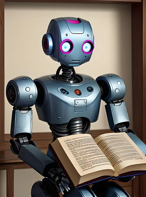 robot reading a book in front of a book shelf