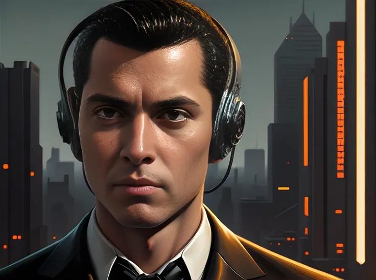 there is a man with headphones on standing in front of a city