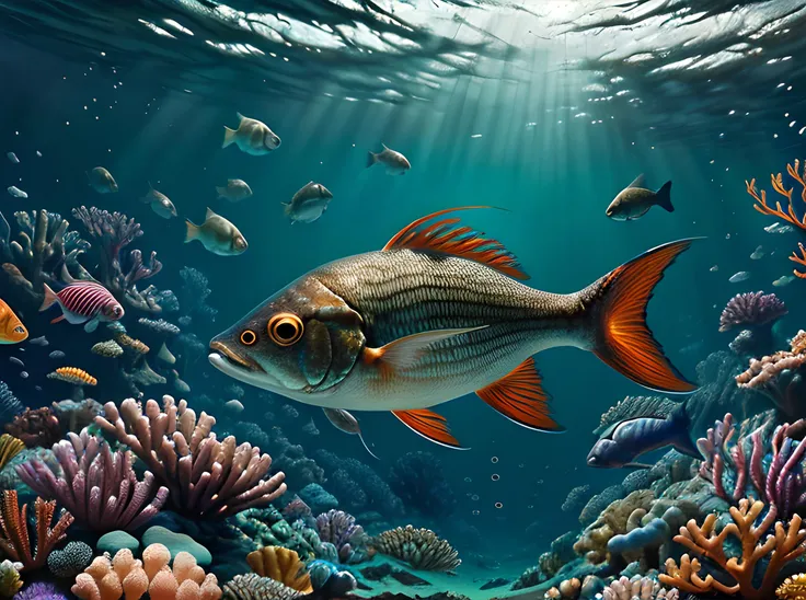 fish hunting for humans, under the sea, sci - fi, fantasy, intricate, elegant, highly detailed, concept art, high contrast, sharp focus, oil painting, 4 k