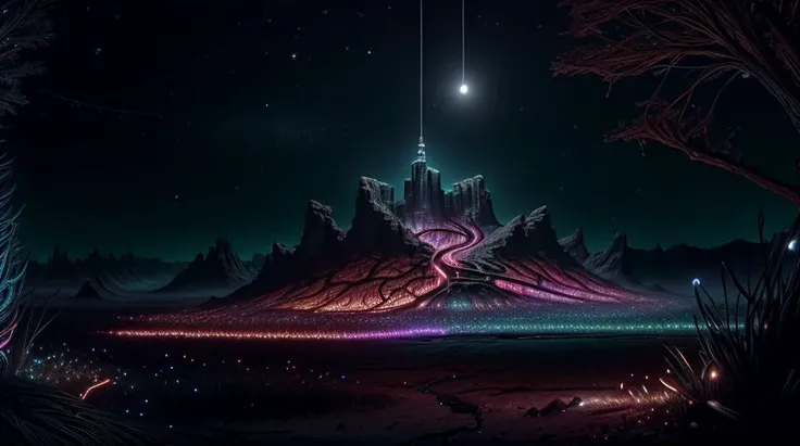 a dark and colorful landscape with a mountain and a star