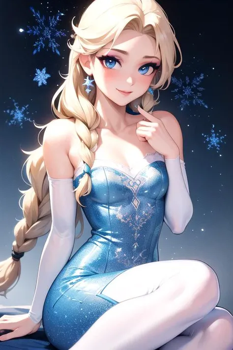 (masterpiece:1.2), (best quality), highres, elsa, 1girl, solo, long hair, smile, blue eyes, blonde hair, dress, braid, single braid, makeup, hair over shoulder, eyeshadow, snowflakes, <lora:elsa:0.2>