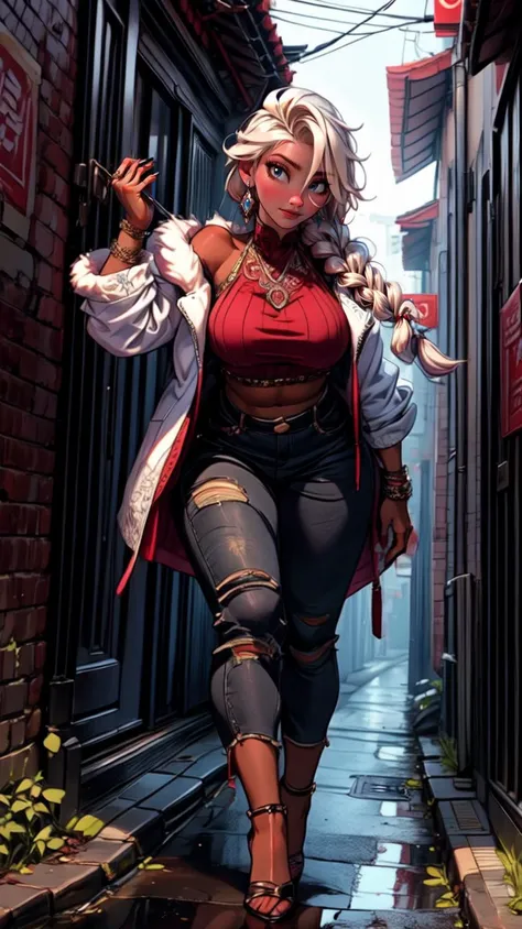 a woman in a red top and black pants walking down a narrow alleyway