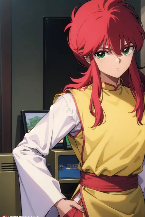 kurama, <lyco:kurama-lyco-nochekaiser:1>,
kurama, long hair, red hair, bangs, (green eyes:1.5), (retro artstyle:1.5), 1990s (style),
BREAK long sleeves, pants, chinese clothes, white pants, (yellow shirt:1.5), (white sleeves:1.5), (pelvic curtain:1.2), sas...