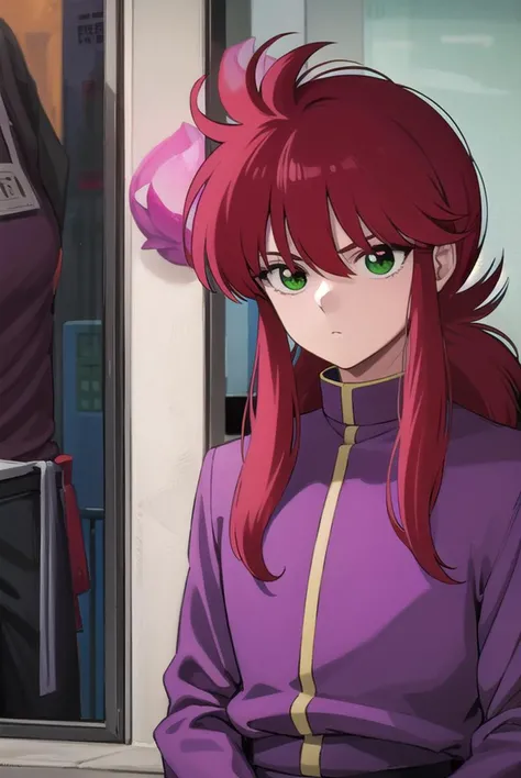 kurama, <lyco:kurama-lyco-nochekaiser:1>,
kurama, long hair, red hair, bangs, (green eyes:1.5), (retro artstyle:1.5), 1990s (style),
BREAK shirt, long sleeves, purple shirt, collar, high collar, pants, purple pants, gold trim,
BREAK indoors,
BREAK looking ...