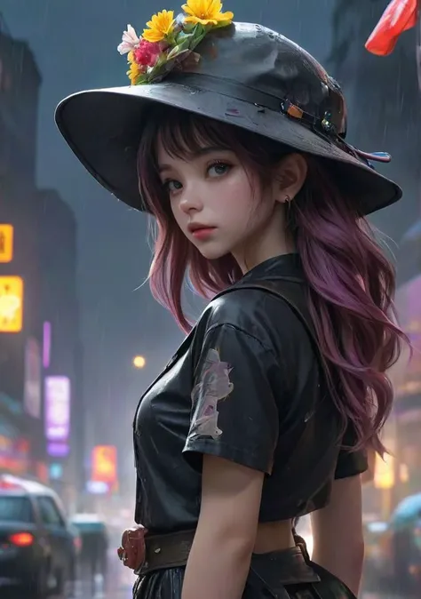 Cartoon Style,Poster Photography,emitting a sense of sadness,a beautiful girl,flowers blooming,cyberpunk edgerunners,hair over shoulder,pirate hat,highly detailed,high resolution,K-pop, [rain:0.122], wind,navel,belt