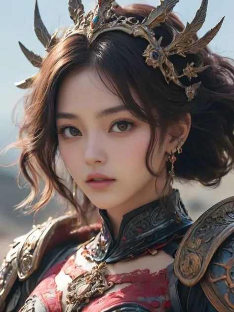 a beautiful woman,very beautiful,very pretty,ornate armor,collar,wind,Background of horror movies,[upper body:0.7],[k-pop],ultra detailed,colorful details,supreme detailed,