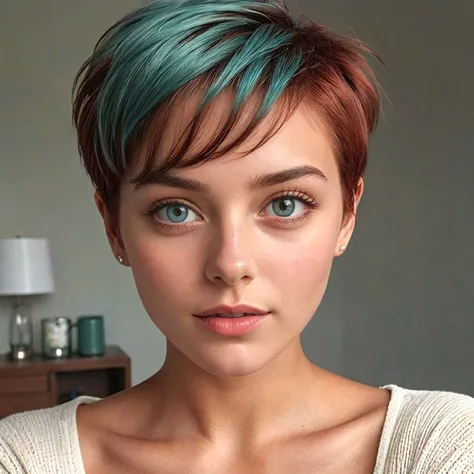 16k, masterpiece, sharp, photorealistic,a cute british 18yrs girl , happy, iced teal eyes, dark moka red pixie cut,tan skin, skin texture, skin grain,