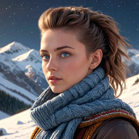 16k, masterpiece, photorealistic,a cute british girl , delicate blue eyes , cool mocha brown mohawk hair , buff skin, soft skin texture, skin grain, wool knitted intricate clothes ,harlequin scarf,sideview, nightime, snow, majestic mountains, ,night sky, w...