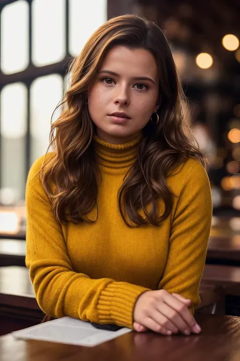 photo of extremely sexy (n3ub4u3r-140:0.99), a woman as a sexy student, closeup portrait upsweep updo, (yellow tight long sleeve turtleneck top), at a cantina sitting bar (masterpiece:1.5) (photorealistic:1.1) (bokeh) (best quality) (detailed skin texture ...