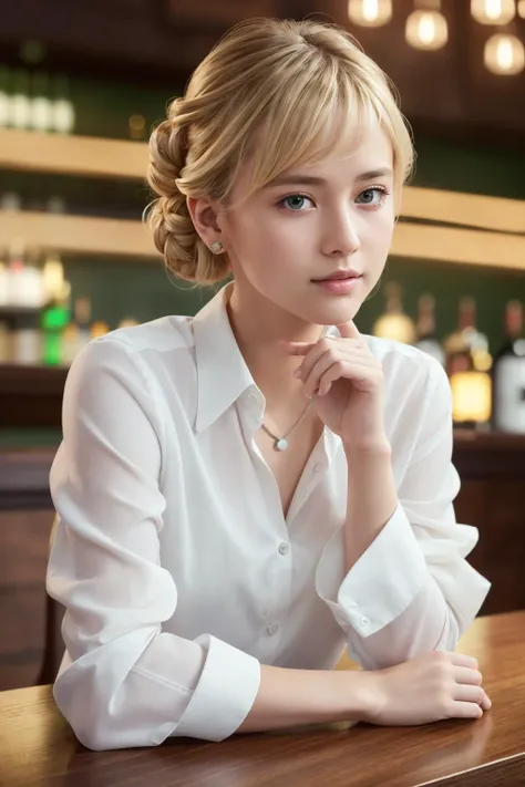 RAW photo, best quality, ultra-detailed, masterpiece, finely detail, highers, 8k wallpaper, pixie cut, 1girl, blonde hair upsweep updo emerald button shirt at a cantina sitting bar tequila (KimberlyNobodySD15:1.0), (masterpiece:1.5) (photorealistic:1.1) (b...
