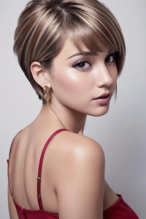 (best quality, masterpiece), 1girl, beautiful girl, brown_eyes, ((hair color [Honey blonde hair], [pixie cut with bangs] hair)), earrings, lips, red dress,realistic, huge ass, huge breasts, saggy breasts, (cute big round ass, narrow waist), charming, color...