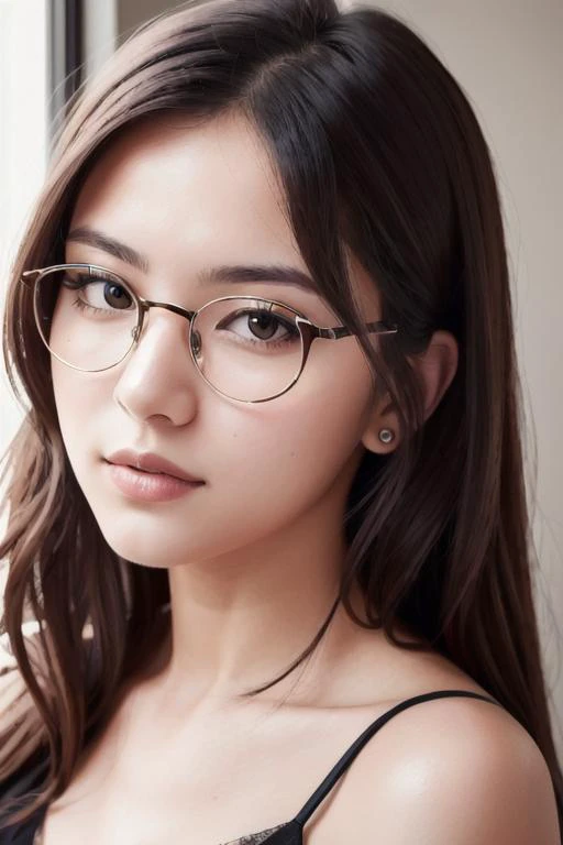 (best quality, masterpiece), 1girl, dappled sunlight, indoors, glasses, shy, 1 girl, young girl, (goosebumps:0.7), beautiful face, (eyeliner, lipstick:0.9), 4k, 8k, uhd, hdr, detailed background, background