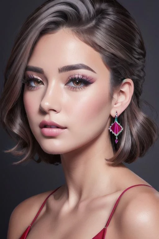 (best quality, masterpiece), 1girl, beautiful girl, brown_eyes, ((hair color [Gray hair], [lob] hair)), earrings, lips, red dress,realistic, narrow waist, charming, colorful makeup, long eyelashes, earrings, fair skin, (cute), (detailed face), detailed eye...