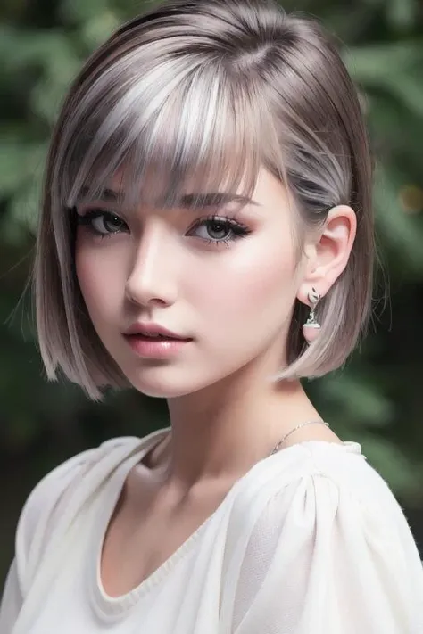 (best quality, masterpiece), 1girl, beautiful girl, brown_eyes, ((hair color [Silver hair], [pixie cut with bangs] hair)), earrings, lips, short sleeves,realistic, narrow waist, charming, colorful makeup, long eyelashes, fair skin, (cute), (detailed face),...