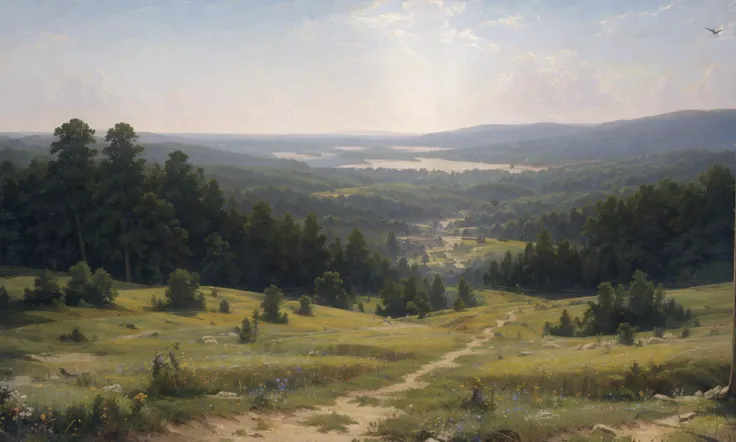 painting of a view of a valley with a bird flying over it